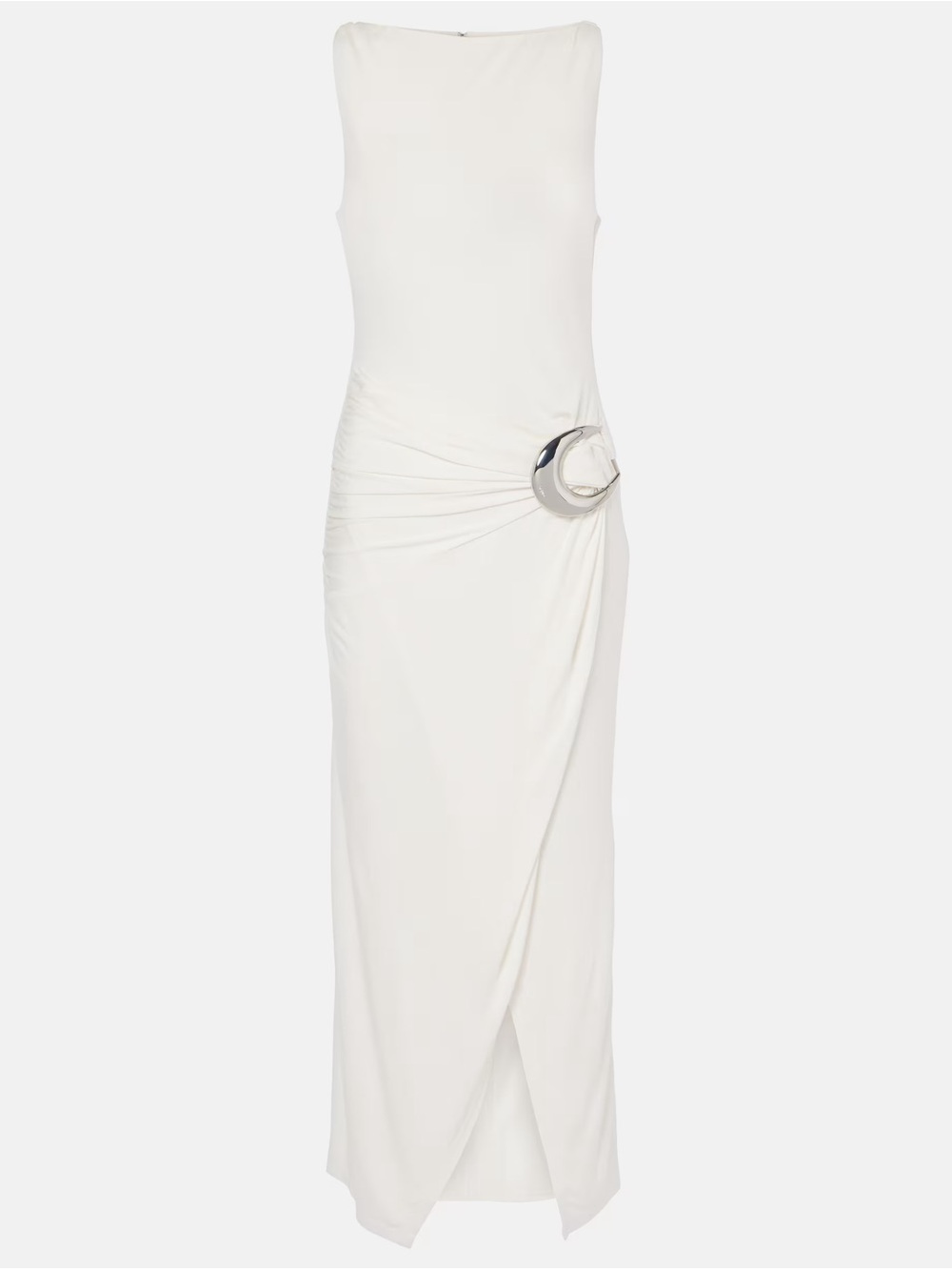 STAUD Talia Dress - White Sleeveless Midi Dress with Silver Ring Detail